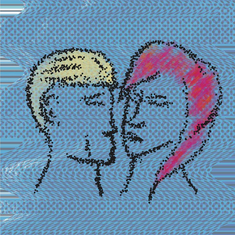 A man and a woman, almost kissing in outline, with an almost video scanline  warp on the background behind them