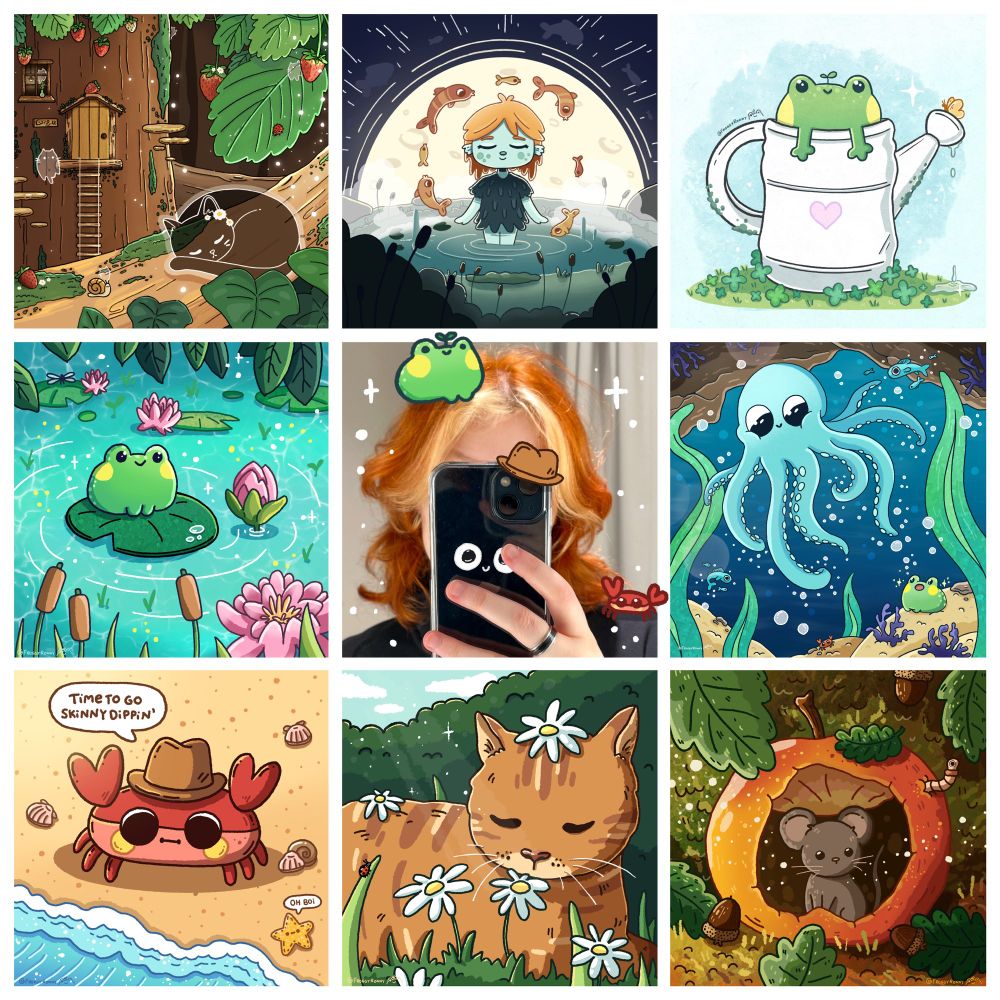 A collage of me and my favourite artworks from this year, including lots of cute and cozy animal illustrations!!