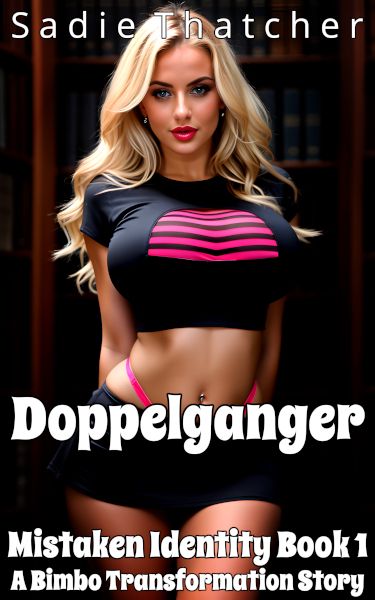 Book cover for Doppelganger by Sadie Thatcher, featuring a busty blonde wearing a cropped black and pink T-shirt, a black miniskirt, and a pink thong, posing in a library.