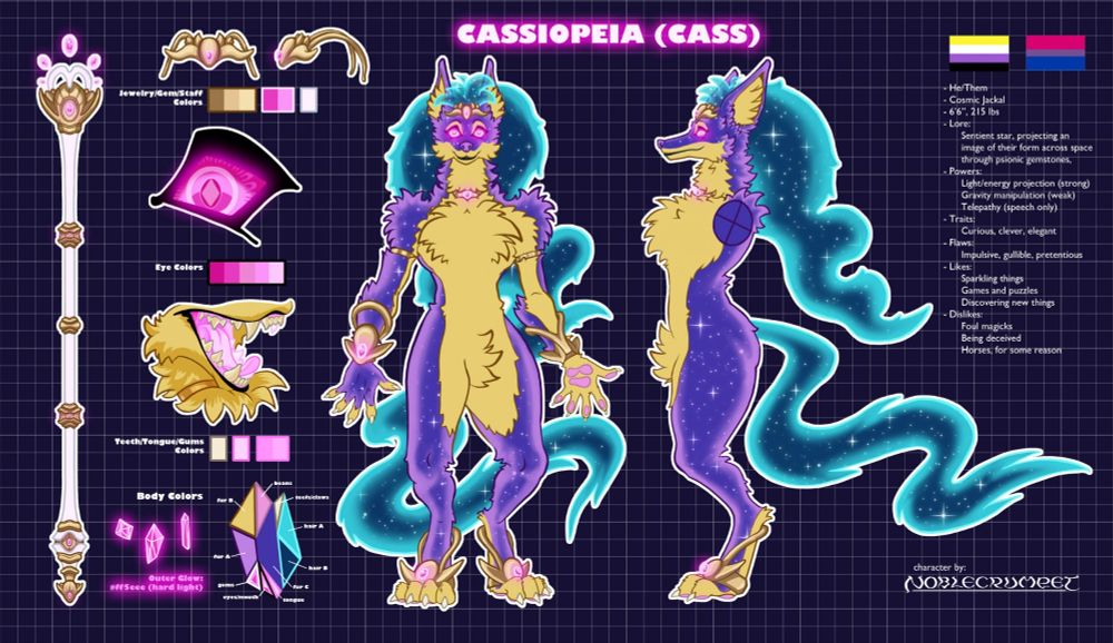 refsheet for a character named Cass with front and side poses, with starry purple and yellow fur and glowing blue hair.