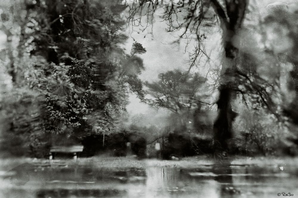 A grainy, experimental black-and-white photograph of a cemetery entrance gate on a rainy day. A few trees and a park bench are vaguely visible.