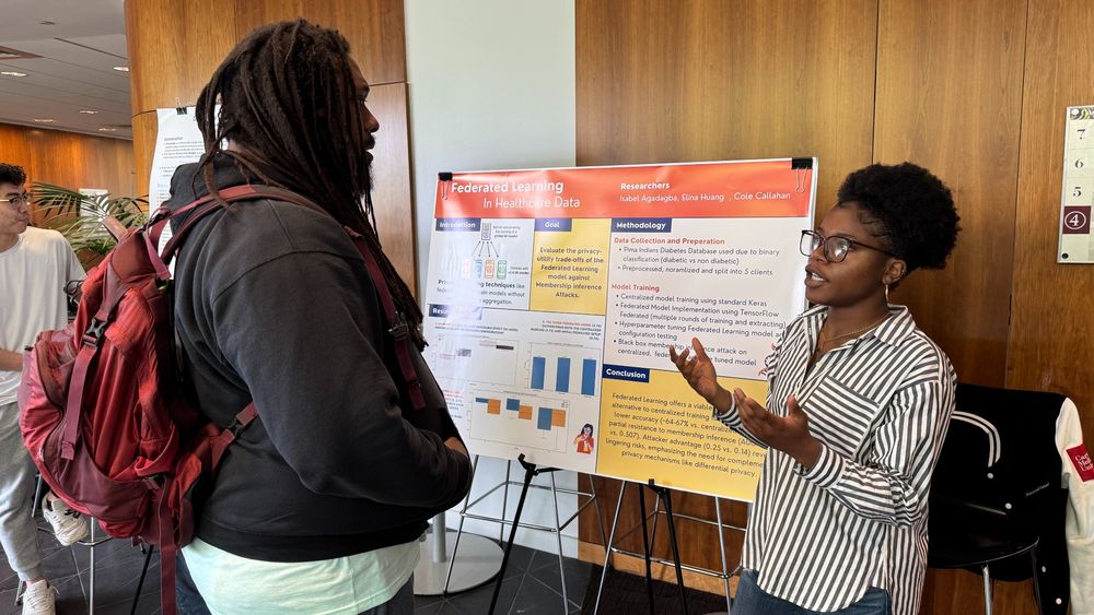 Photo of a Carnegie Mellon University Privacy Engineering student sharing their research at a poster session