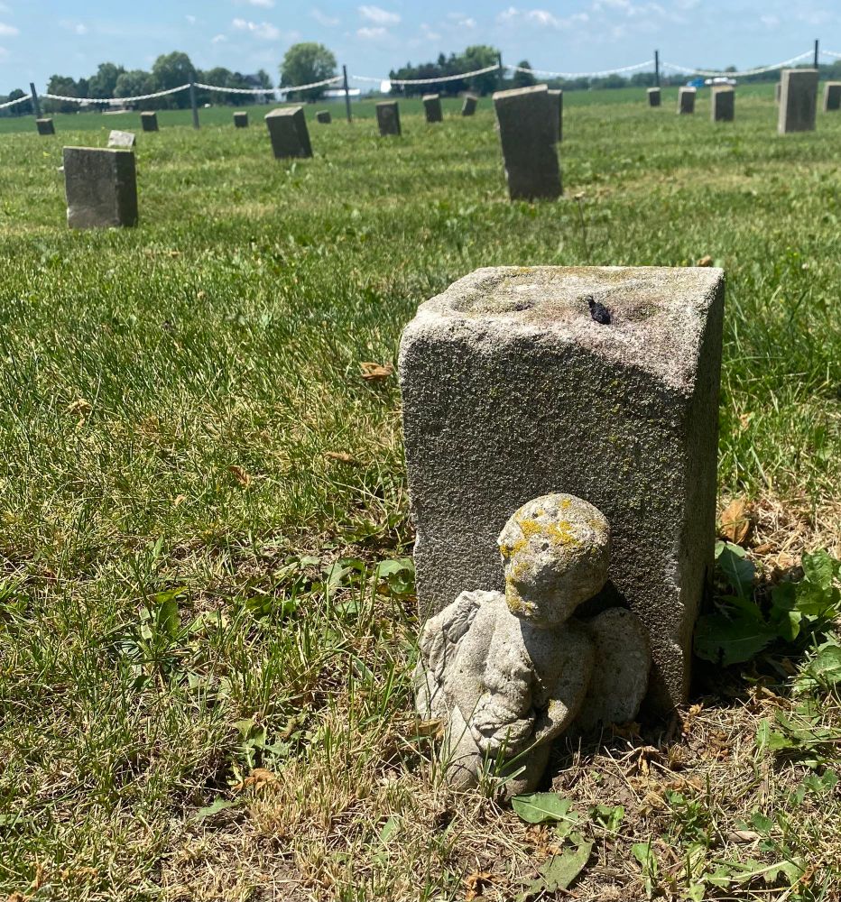 A view of rows of small gravestones in a grassy area with a fence and a row of trees in the background. A small stone angel leans against the gravestone in the foreground. 
