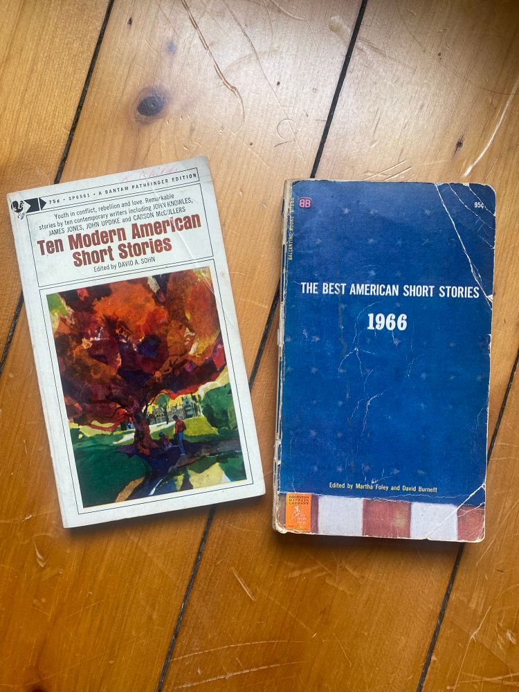 The Best American Short Stories 1966 small blue paperback edition and Ten Modern American Short Stories 1965 also small paperback with a picture of a tree on the cover laid out on a hardwood floor 