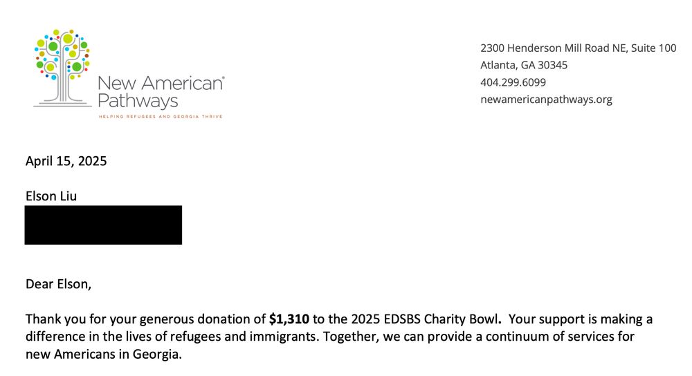 Receipt for $1310 donation to New American Pathways.