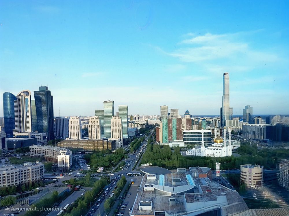A view looking down one of the city's main boulevards, with modern office towers on the left and a striking white mosque with golden domes on the right. The boulevard is lined with trees and heavy traffic is visible. The image particularly highlights the city's mix of modern architecture with traditional Islamic design elements.