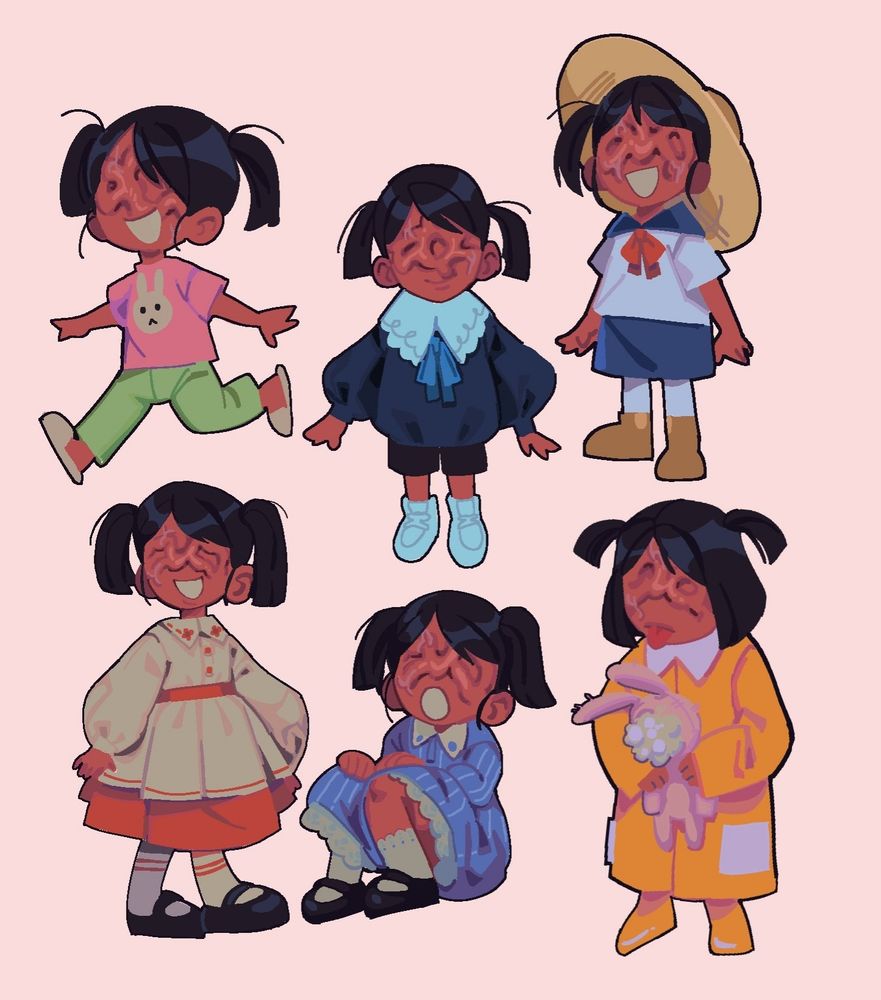 A little girl with a deformed face, she has black hair and is wearing many different clothes. There are six drawings of her.