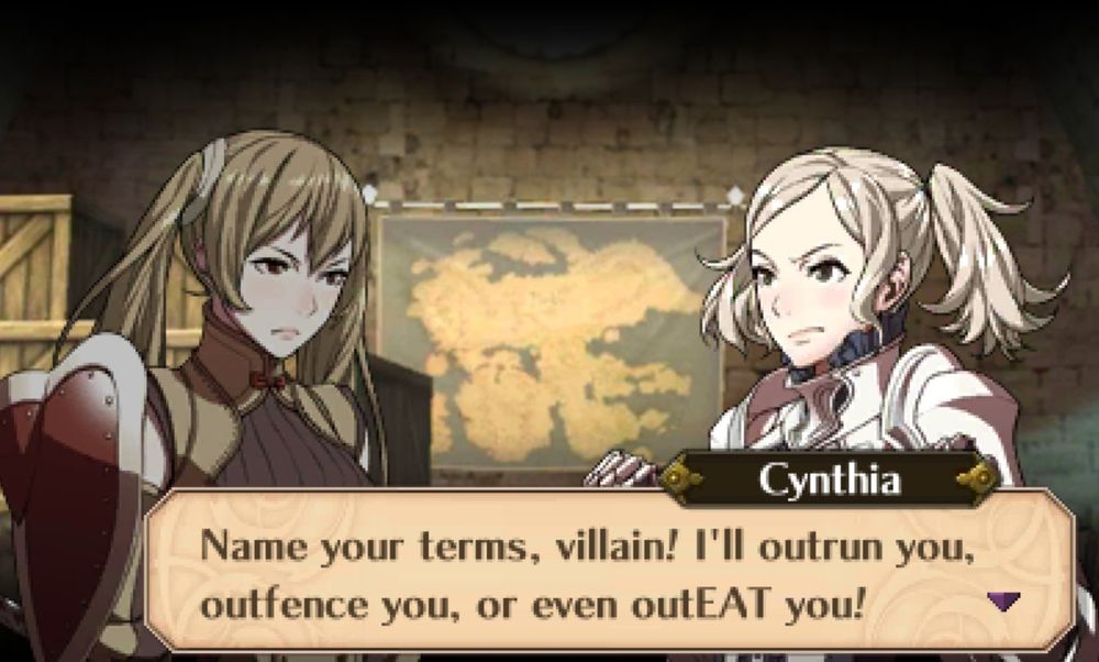 Severa and Cynthia talking again. Severa challenged Cynthia, and now Cynthia is saying "Name your terms, villain! !I'll outrun you, outfence you, or even outEAT you!"