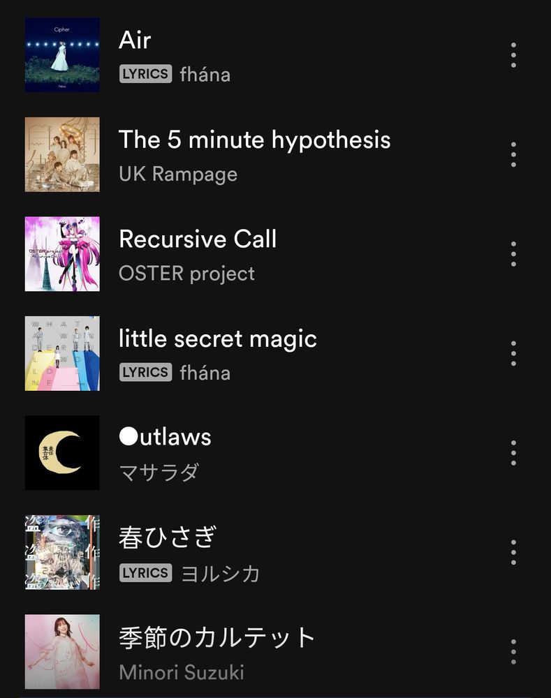 Air - fhána

The 5 minute hypothesis - UK Rampage

Recursive Call - OSTER project

little secret magic - fhána

outlaws - マサラダ

Haru Hisagi - Yorushika

季節のカルテット - Minori Suzuki