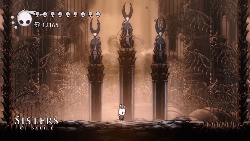 Sisters of Battle from the game Hollow Knight. Three mantises stand atop pillar-like thrones slightly in the background, looking down towards the player and cracking their wrists, as they prepare to fight you all at once.