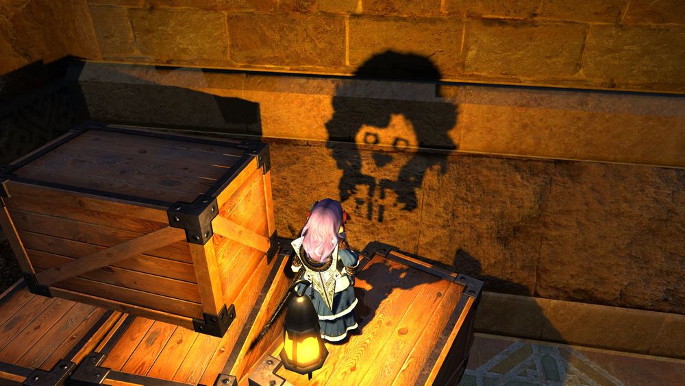 A lantern in Ul'dah projecting a shadow from inside Mint's face onto a wall, giving her shadow eyes and a mouth