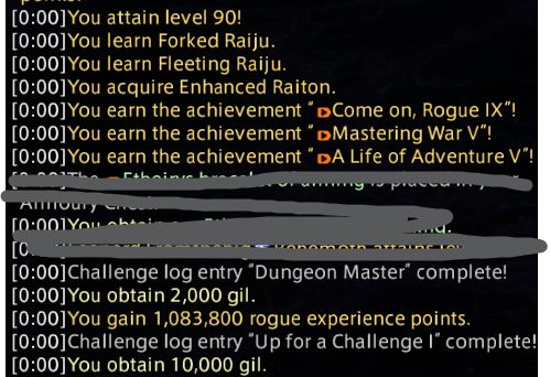 a FFXIV chat log showing many achievements for reaching level 90 on ninja and also level 90 on all jobs 