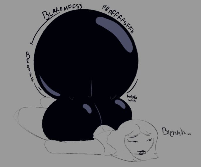 Kebba laying down stomach-first with her latex panties/shorts bubbling up greatly from her farts
