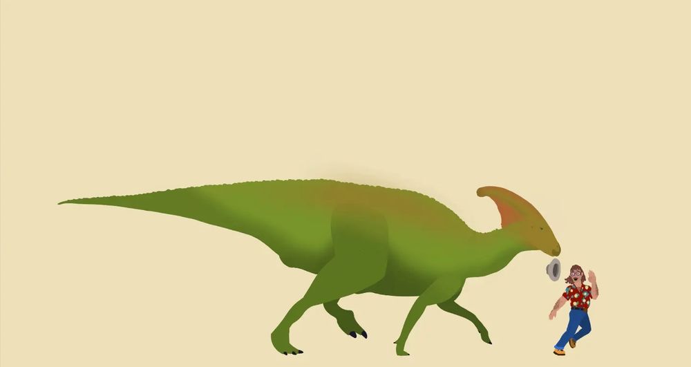 A man in an aloha shirt runs from a green Parasaurolophus. The dinosaur is walking on four limbs.