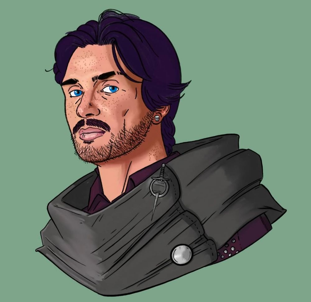 An illustrated bust of a pale, freckled, dark haired and blue-eyed man in a grey cloak clasped by a dagger-shaped pin.