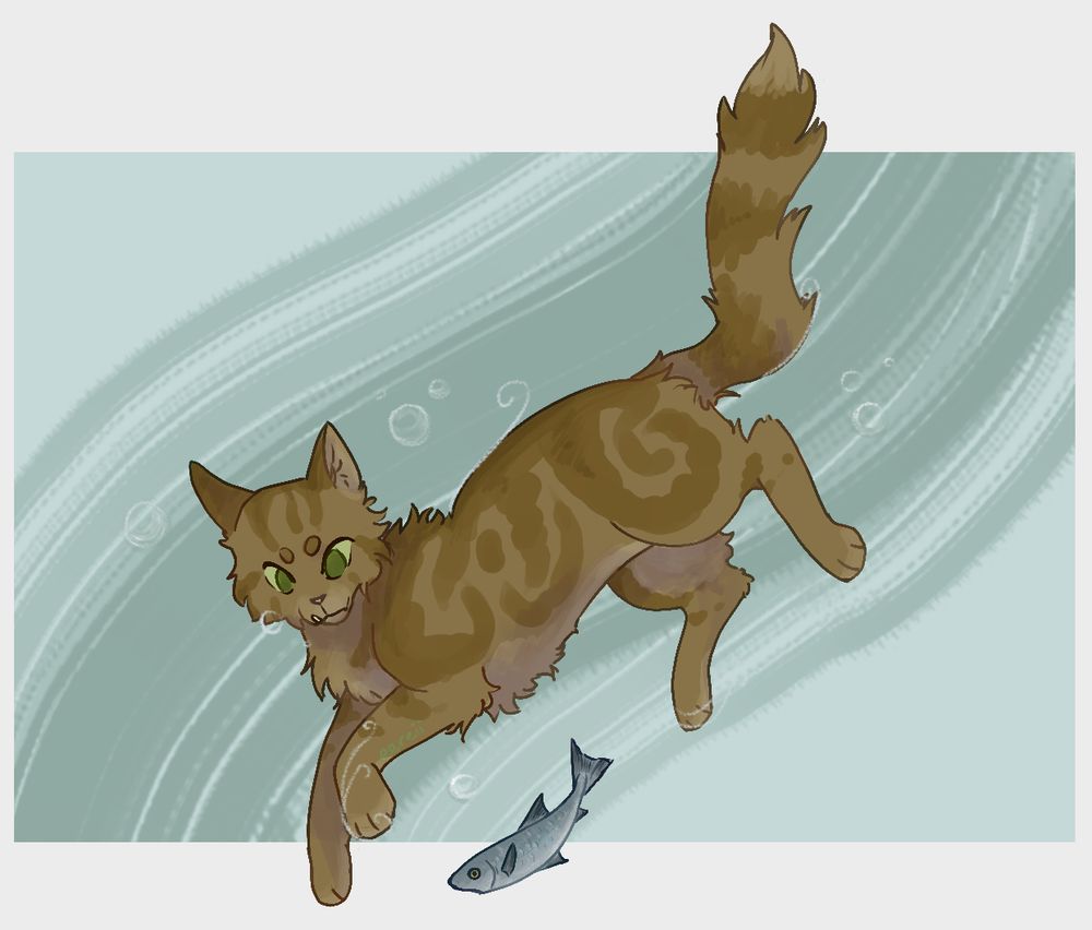 crookedstar swimming on an abstract background with a small silver fish under him