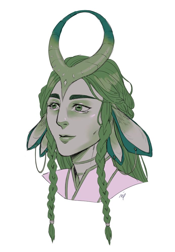 bust illustration of a goat man with a circular horn in green hues