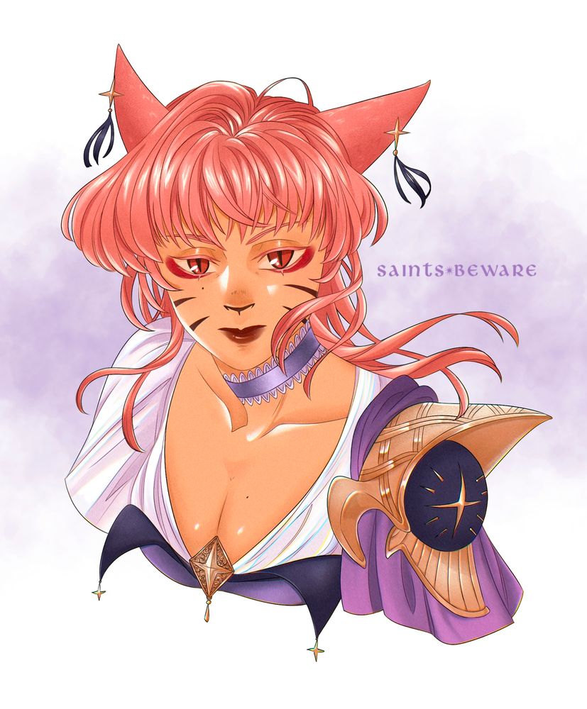 bust illustration of a pink-haired cat girl in a purple and white blouse with a golden pauldron