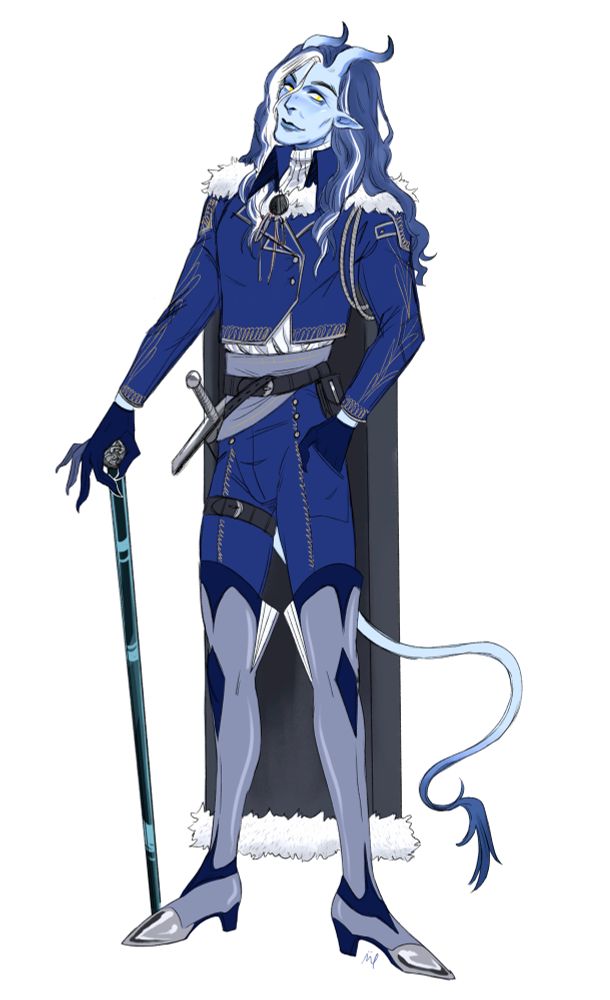 full body illu of a blue tiefling in a military-style dark blue uniform holding a cane, with silver greaves, blue hair streaked with white, and a grey cloak