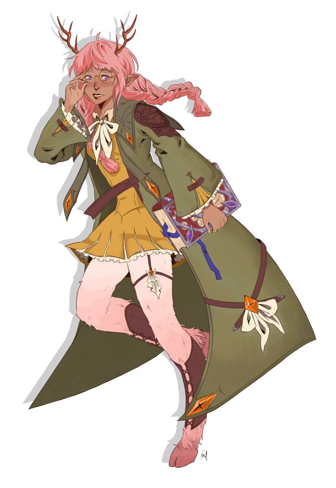 full body illu of a faun woman with a yellow dress, green cloak, two big pink braids, and a big tome