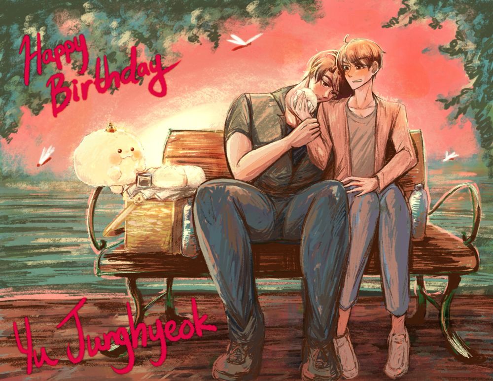 Biyu, Yu Junghyeok, and Kim Dokja sit together on a park bench alongside a lake. There are trees and dragonflies lit by the pink sunset. Yu Junghyeok leans into a Kim Dokja’s shoulder and grabs his hand to bite into his dumpling. Next to Yu Junghyeok is a picnic basket and enough dumplings for everyone.