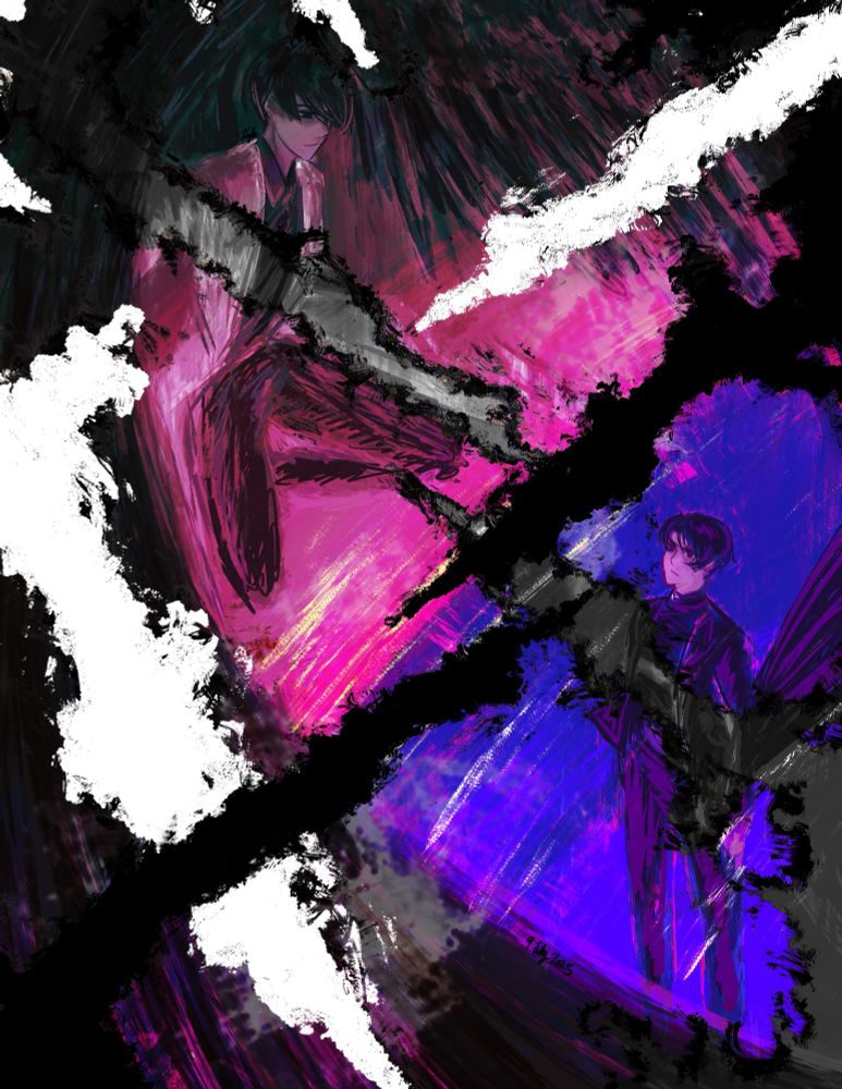 DKOS and YJH look at each other painted in bright magenta and blue respectively with monochrome tears cut between and around them.