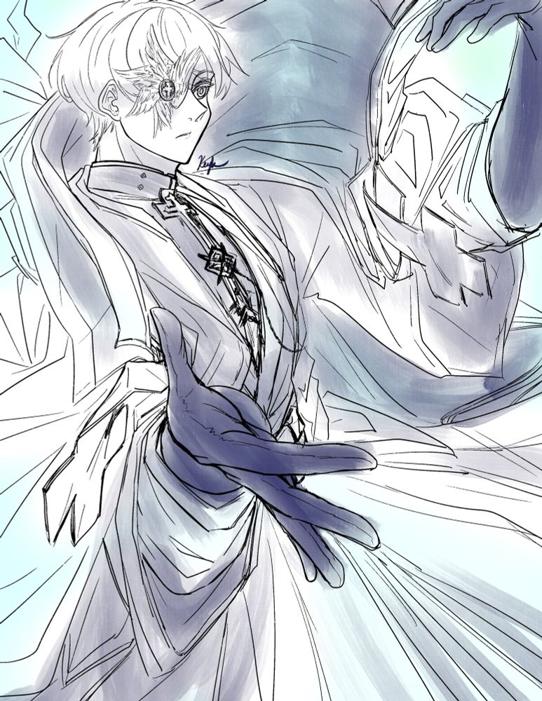 Rough Asuka R. Kreutz line art with his hands outstretched colored with scattered hazy blues.