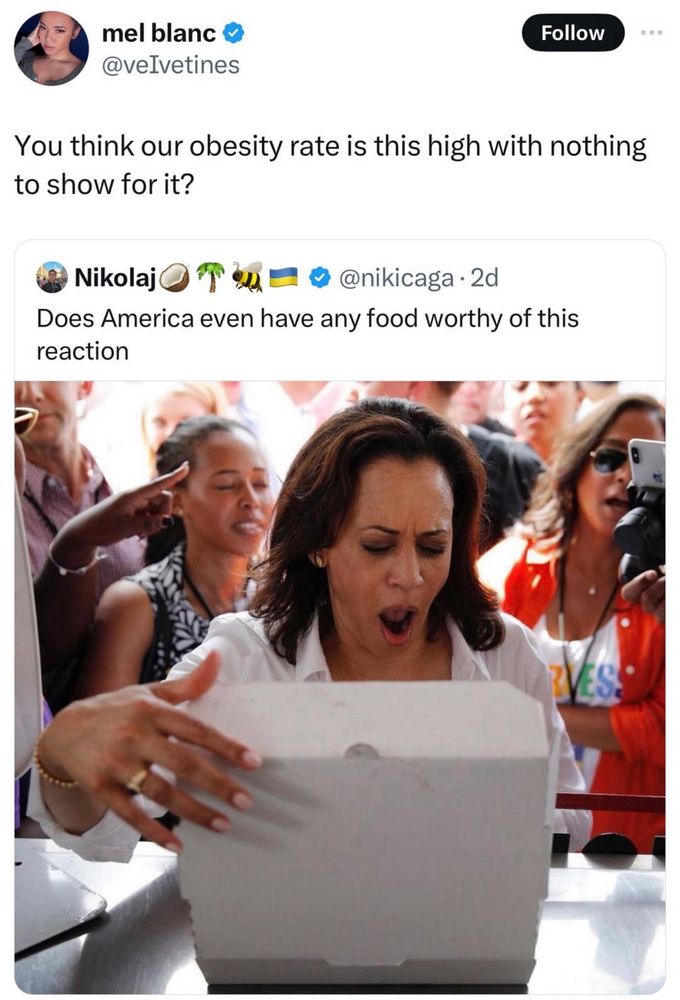 mel blanc & @veIvetines
Follow
You think our obesity rate is this high with nothing to show for it?
Nikolaj (
• • @nikicaga • 2d
Does America even have any food worthy of this reaction
RVES.