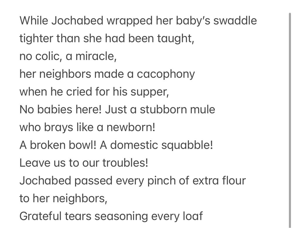 While Jochabed wrapped her baby's swaddle tighter than she had been taught, no colic, a miracle, her neighbors made a cacophony when he cried for his supper, No babies here! Just a stubborn mule who brays like a newborn! A broken bowl! A domestic squabble! Leave us to our troubles! Jochabed passed every pinch of extra flour to her neighbors, Grateful tears seasoning every loaf