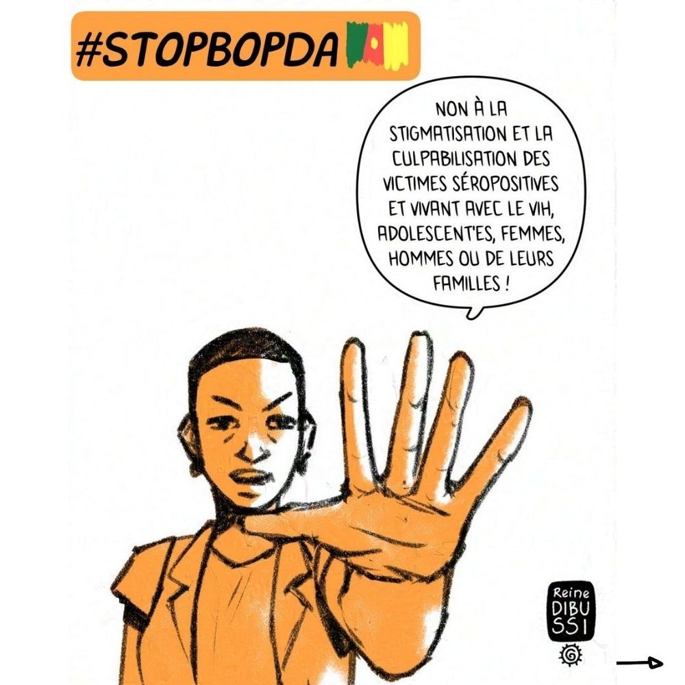 Image 5
Case de BD 4
Image : une femme noire, aux cheveux coupés courts tend une main ouverte en signe de stop.
Texte Non à la stigmatisation et la culpabilisation des victimes séropositives et vivant avec le VIH, adolescent'es, femmes ou hommes ou de leurs familles !