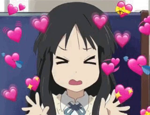 a girl in a school uniform is surrounded by pink hearts and making a funny face .