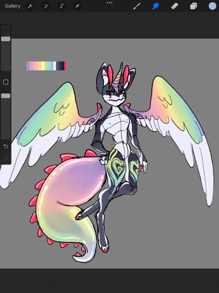 An unfinished alien-creature form of my main sona, Valentine. He is a grey and white humanoid creature with large canine ears and paws/hands. His eyes are hot pink/red, with a heart shaped pupil. On his thighs is a swirled heart design, in the cooler shades of the rainbow. He has large rainbow and white wings with a hot pink/red spike on them. A large swirled rainbow horn is in the center of his forehead with two large hot pink/red antennae. A large, possibly slime like tail is squished behind him, with a line of hot pink/red spikes along the top of it.