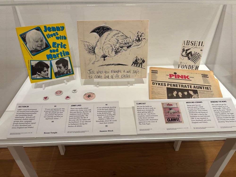 A “Queer Britain” museum display consisting of LGBT+ books and newspapers
