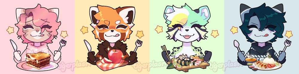 Four side-by-side square illustrations of characters belonging to myself, The Christoph (TheChristoph), Seaside-Chee (SeasideChee), and Shark-Cat-SG (SharkcatSG). They are drawn on the same base and in the same pose: grinning with their paws up, utensils held in one or both. A dish is placed in front of each character: a hearty slice of lasagna, a honeycrisp apple, a platter of sushi, and Hainanese chicken rice, respectively. The food is rendered, steaming or sparkling, in a style slightly more realistic than the cutesy, rounded appearance of the characters.