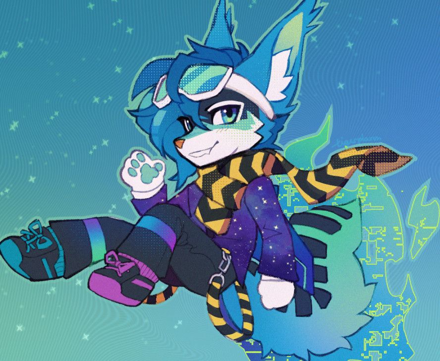 An anthro canine character floats in screen-space, distorted lines and pixelated stars behind them. They flash a toothy grin to the viewer and wave with one paw. 

Their colours are ocean teals, galactic purples, and striking dashes of yellow. A long, spiky mane sits atop their head, weaving around and under a pair of alpine goggles. Their coat is decorated in stars and clouds, like a nebula. A bushy, colourful tail at their back is ablaze, glowing with pixelated flames. Their scarf and suspender straps, loosely hanging at their waist, are banded in yellow and black like caution tape. 