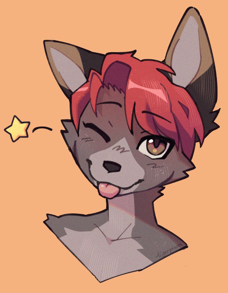 An illustration from the shoulders up of an anthropomorphic fox. He's looking to the camera, an eye closed in a coy wink, and his tongue pokes out. One ear and his head are tilted to the side. He's decorated in natural gray-browns, but his hair - bangs tilting over one side of his forehead - are bright red.