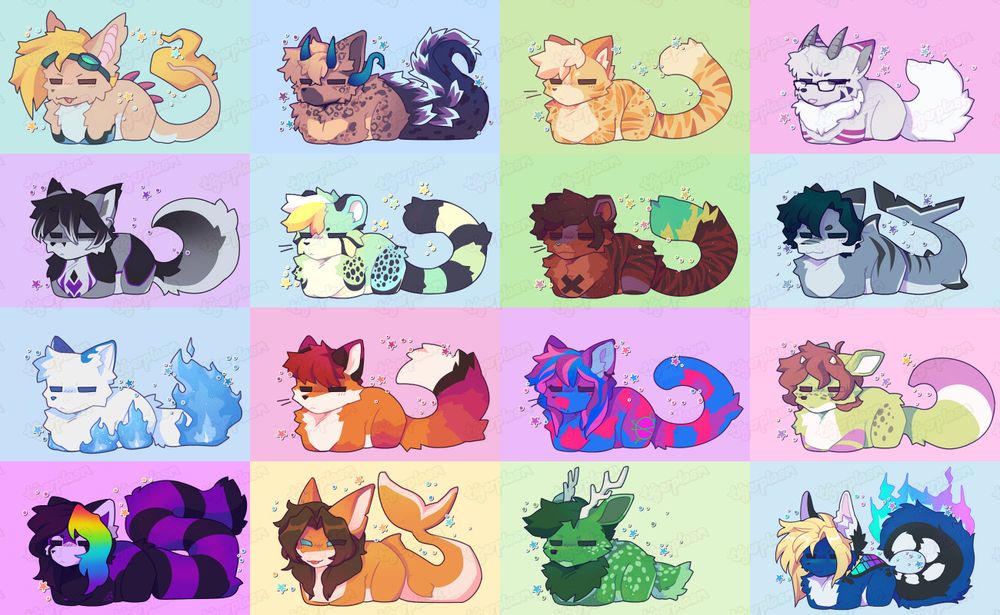 A colourful grid of sixteen simple illustrations, each character posing like a cat, with their limbs tucked beneath them. Though the drawings are very similar, the characters are not: there are canines, felines, foxes, two sharks, one red panda, two deer, and at least two characters aglow with colorful flames. (There is no connection.)
The diversity of the fandom is staggering. 
