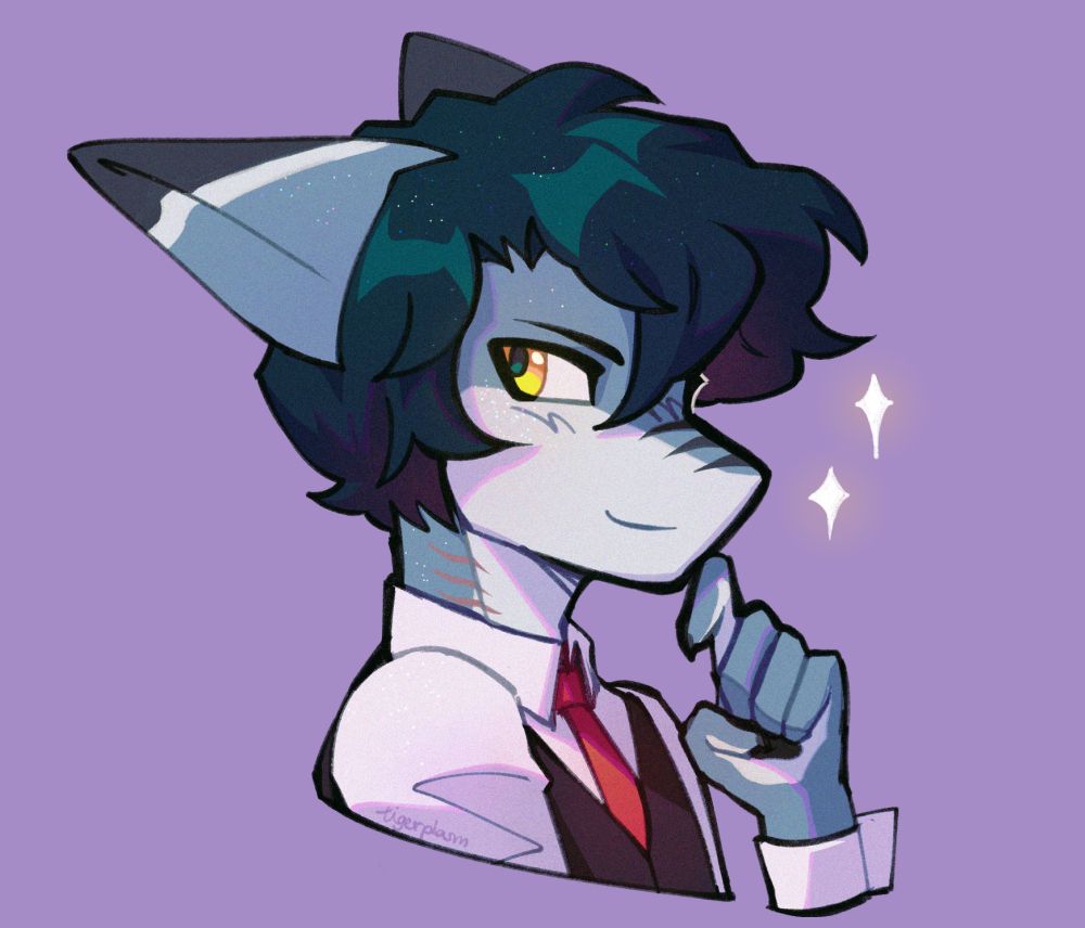 
A shoulders-up illustration of an anthropomorphic character, between a shark and a cat, wearing a waistcoat. One hand is raised, index finger poised under his chin, as he glances behind himself; with a suave, mischievous look on his face. Soft, overcast blues contrast with the deep navy in his ruffled hair - against the gold in his eyes, and the deep red of his tie.