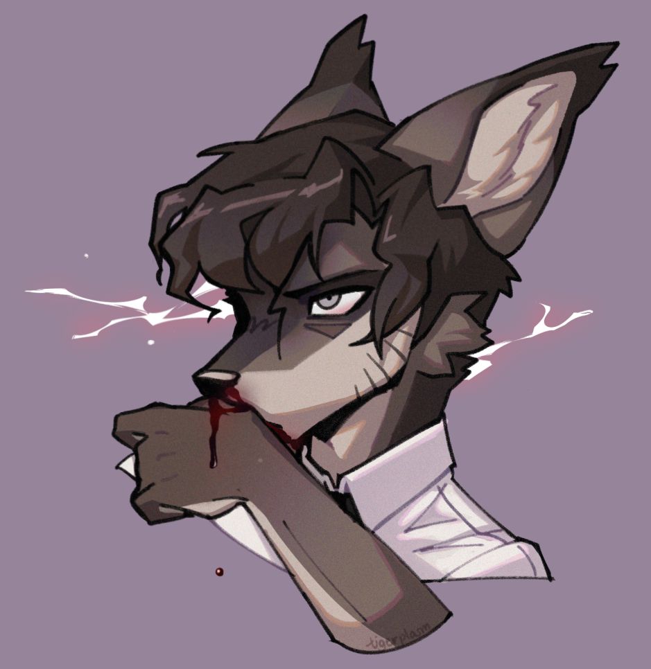 A head-shot style illustration of Josh, starkly in contrast to that of Jawz. He's canine, too, but his fur is made of the kinds of dark colours seen in coffee made too strong.
He looks up from under his furrowed brow - an intense, silver eye, framed by his tousled hair and the few jagged strands that hang over his face.
With a forearm raised, his mouth is obscured behind his hand. He's wiping blood from his nose, which is now trailing down his knuckles. 