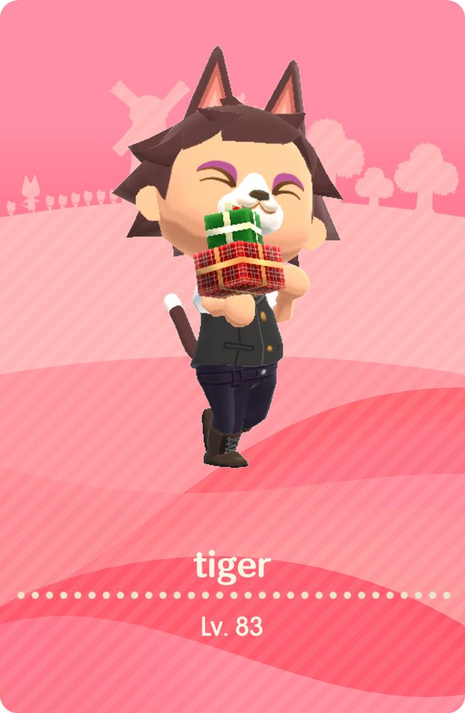 Tiger’s camper card for Animal Crossing: Pocket Camp Complete. His character is posing, holding a stack of presents in one hand toward the viewer. He has an animal muzzle and a cat tail matching his brown hair, topped with a pair of tall, pointy ears.  