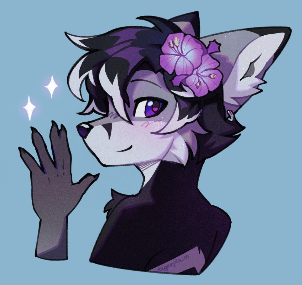 A shoulders-up illustration of Platinum, an anthropomorphic fox character. He has his back turned to the viewer, one paw raised in a wave, and face turned to look behind him. There's a soft smile on his face, framed by his hair - dark with bolts of silver at the tips. His colours are mostly silvers, paired with the deep purple in his eyes and the Jacaranda caerulea flowers in his hair.