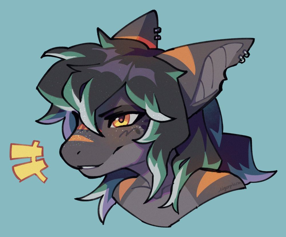 An illustration from the shoulders up of an anthropomorphic shark character. She has a mischievous grin, leaning forward and pierced ears pinned back. Her hair is fluffy, cut choppily and dyed at the ends, an ocean-green and seafoam white. The rest of her colours are dark and cozy. 