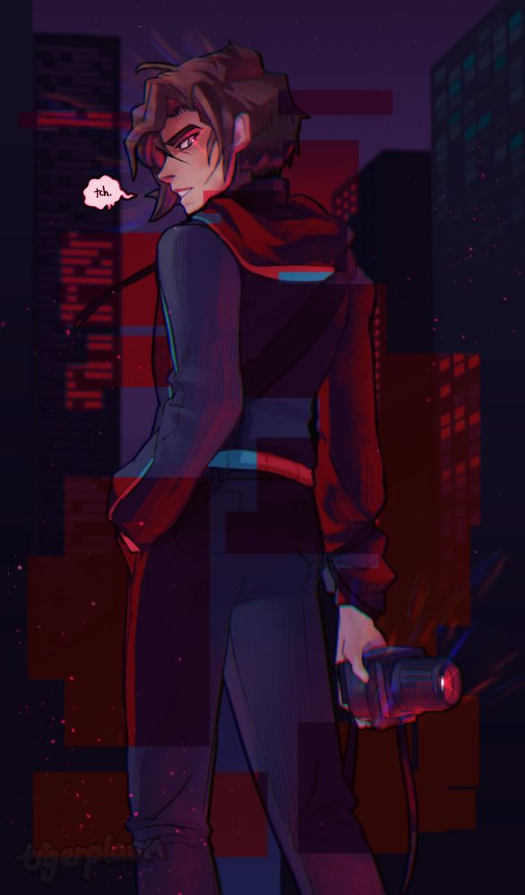 A dark, gloomy city landscape looms overhead, as you look up at Darkroom. With their back turned to you, you're caught in their gaze, their head turned to look over their shoulder. He's wearing a hoodie and a disdainful expression. One hand is in his pocket, the other forearm is suffocated by the strap of his camera, held downwards and facing away. His pupil, and the camera's lens, both glow red. The picture almost appears corrupted: A sanguine red overlay colours much of Darkroom's body, as well as the distant skyscrapers, whose windows glow red through the distorted view. 