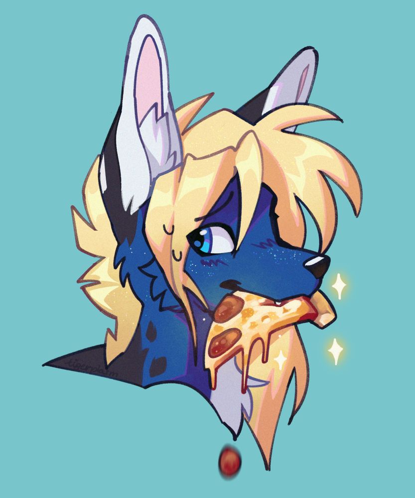 A head-shot style illustration of Jawz, a canine character with deep blue fur; tall ears; and a long, spiky blonde mane, framing her face and trailing behind her head. She's looking back over her shoulder, with her mouth around an entire slice of pizza, from which a single piece of pepperoni is falling.
There's a nervous look on her face and a few beads of sweat. Is she supposed to have that pizza? Perhaps not. But she does have it now.