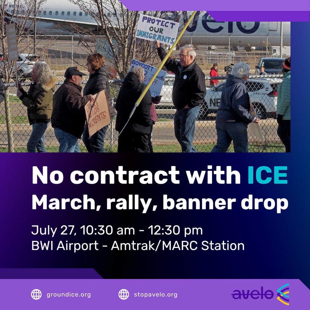 people protesting Avelo Airlines.
Text: No contract with ICE. March, rally, banner drop
