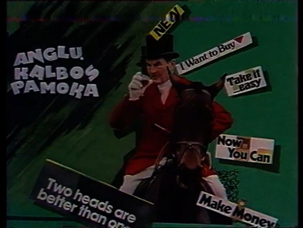 ANGLŲ KALBOS PAMOKA / English Language Lessons ad, with a picture of an English horserider surrounded by snippets of exemplar English text like "Take it easy" and "Two heads are better than one"