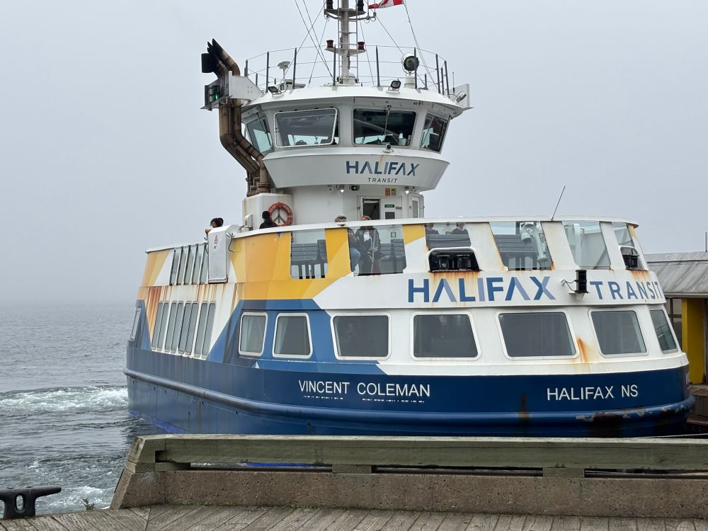 Picture of one of Halifax, Nova Scotia’s ferries, the Vincent Coleman, featuring his name in Morse code under the English text