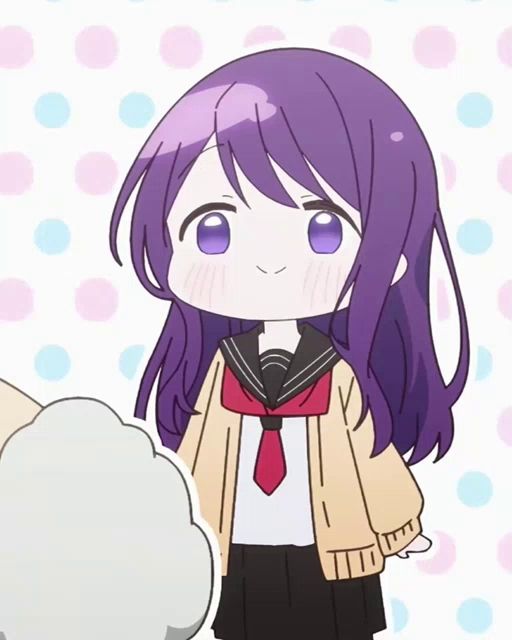 a girl with purple hair is wearing a school uniform and a tie