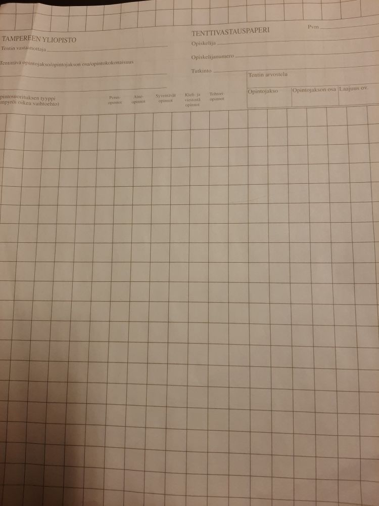 Kuva vanhasta Tampereen yliopiston tenttivastauspaperista.