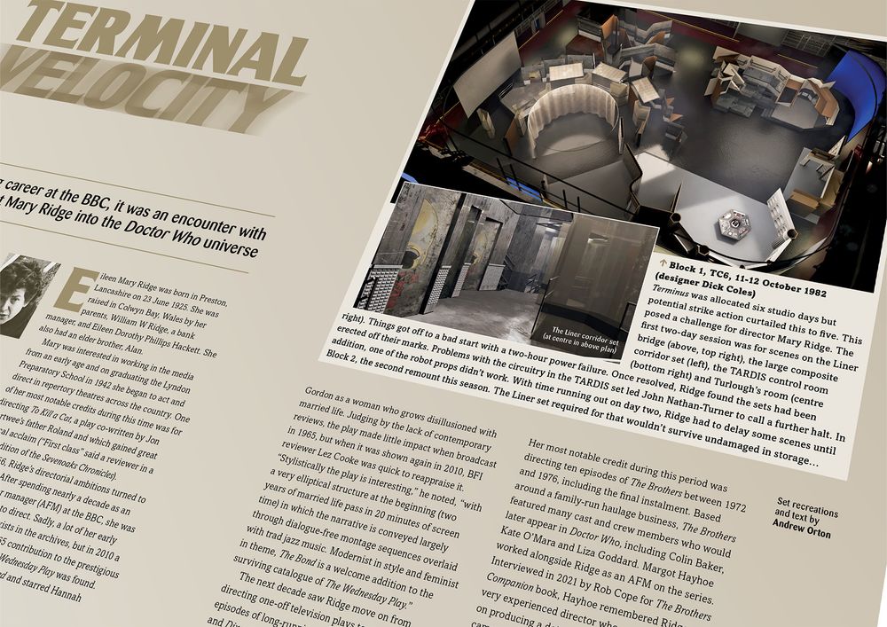 Crop of a spread from the upcoming Celestial Toyroom Annual 2026 showing the start of a feature on director Mary Ridge, with images of the Terminus studio recreated by Andrew Orton